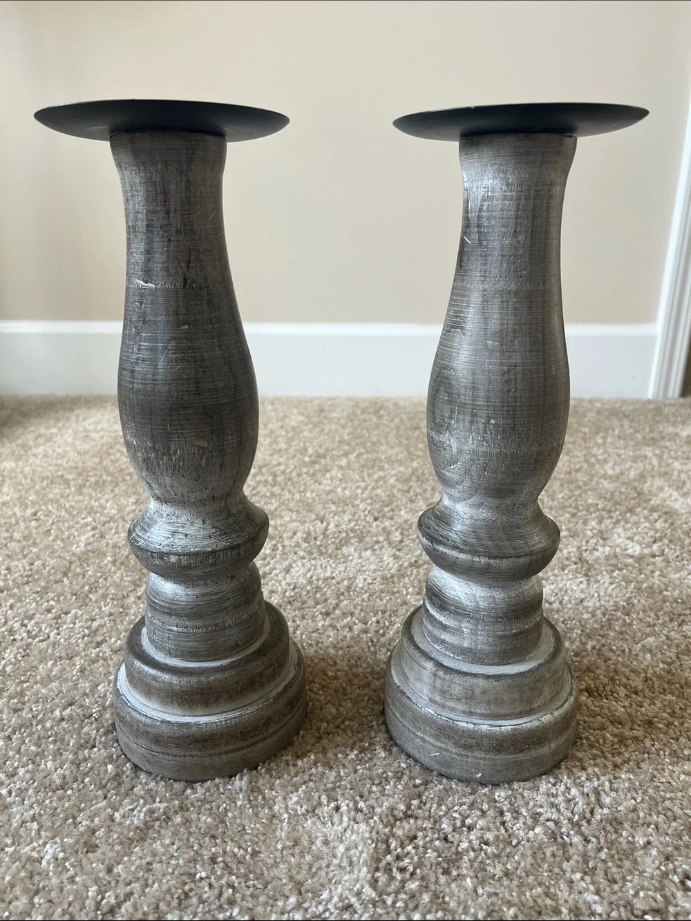 Gray Wooden Candlestick Pair - Unbranded